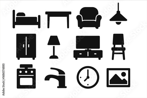 Minimalist black silhouette icons of furniture and household items. Vector symbol collection for interior design. Home appliances, decor elements. Pictogram set on white background.