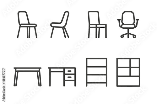 Minimalist furniture icon set. Line art collection of home and office interior elements like chairs, desks, tables, and bookshelves. Modern vector outline symbols for design.