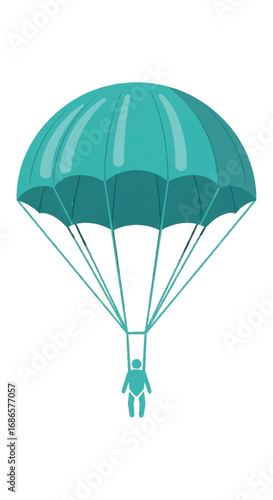 Parachutist descending with a teal parachute.