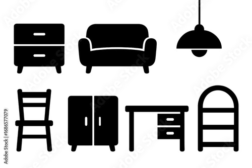Home furniture icon set. Minimalist black silhouette style. Vector graphic design elements for interior. Flat glyph illustration of a sofa, chair, desk, lamp and cabinet.