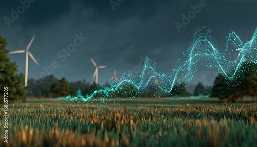 Rural landscape with windmills & a shimmering energy wave