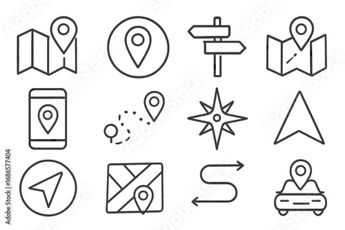 Navigation and GPS line icon set. Travel, map, and direction symbols. Location pin, pointer, and destination marker for route finding. Journey and tracking vector pictograms.
