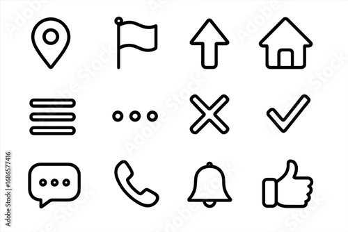 Web and mobile app navigation UI icon set. Vector outline symbols for user interface design. Includes home, location, menu, like, and feedback icons for clear communication.