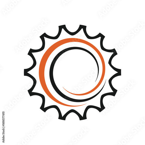 Black and orange circular graphic with jagged outer edge and swirling inner lines abstract