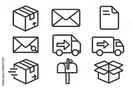 Packaging and shipping line icon set. Box, envelope, label, mail, and delivery icons. Vector illustration for logistics, e-commerce, and transport concepts. Postal service.