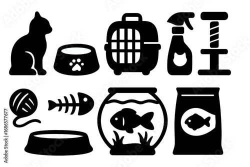 Pet supplies icon set silhouettes. Vector collection of essential items for cat and fish care. Pet shop graphic elements for domestic animals, food, toys, and accessories.