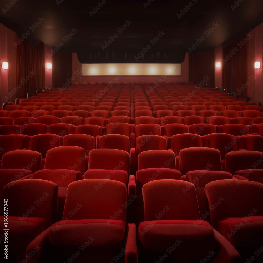 Obraz premium スクリーンの前の空の映画館 - 赤い座席が並ぶホール、イベント、エンターテイメント、遠近法が効いた背景