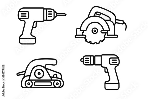 Power tools outline icon set. Electric drill, circular saw, belt sander, screwdriver. Construction and carpentry equipment. Vector line art illustration for DIY, workshop, repair.