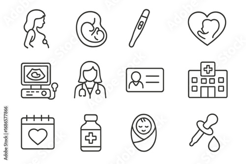 Pregnancy medical line icon set. Motherhood, healthcare, maternity pictograms. Fetus, ultrasound, newborn, doctor. Gynecology and obstetrics vector symbols for web design.