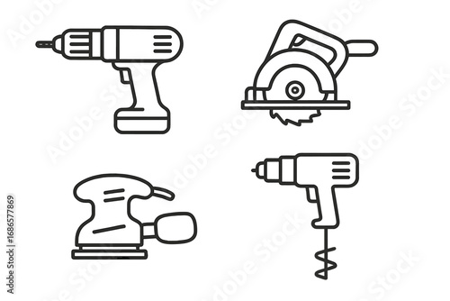 Power tools outline icon set. Drill, circular saw, sander, and mixer vector line icons. Construction and repair equipment collection for DIY, woodworking, and carpentry projects.