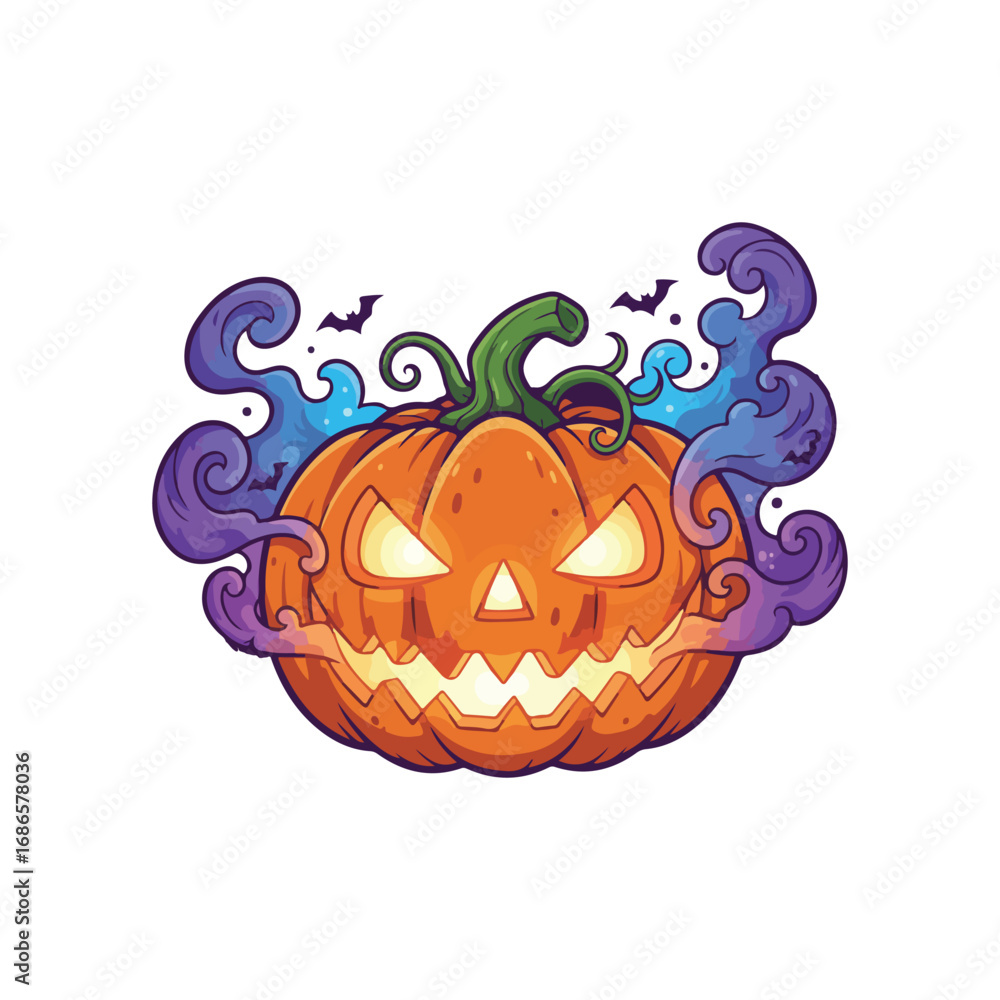 Fototapeta premium Colorful Halloween illustration of a glowing jack-o’-lantern with sharp teeth, surrounded by swirling purple smoke, flying bats, and spider webs on a white background