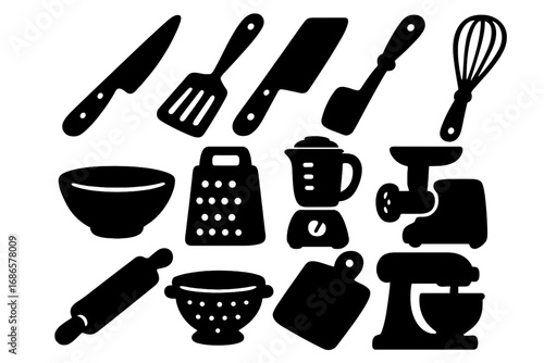 Kitchen tools silhouette icon set. Vector cooking utensils. Food preparation elements. Kitchenware graphics. Cooking, baking, culinary concept. Knife, mixer, whisk, grater icons.