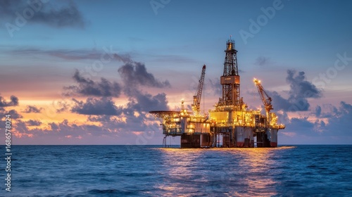 Fototapeta Naklejka Na Ścianę i Meble -  The illuminated offshore oil rig against the colorful sunset sky.