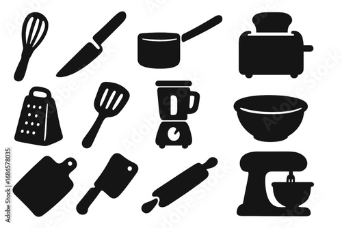 Kitchen tool and utensil icon set for cooking. Vector silhouette symbols of culinary equipment. Food preparation, baking, and gastronomy elements. Whisk, knife, pot, toaster.