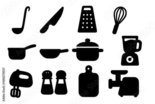 Kitchen tools icon set silhouette. Vector cooking utensils and food processing equipment. Collection of kitchenware symbols like knife, pan, pot, blender, mixer, grater. Gastronomy.