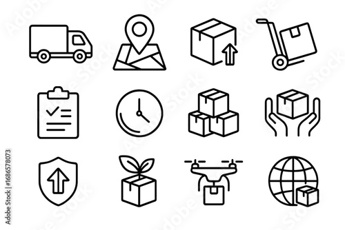 Shipping and delivery outline icon set. Logistics, supply chain, and transport concepts. Vector icons for eco shipping, drone delivery, cargo tracking, and global freight.