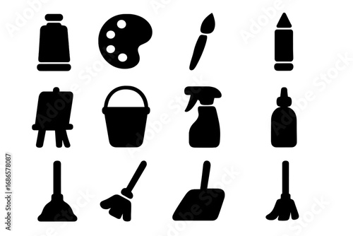 Art supplies and cleaning tools icon set. Vector silhouette collection of creative hobby and housework items. Paint, brush, easel, broom, bucket, and spray bottle graphics.