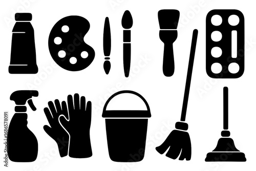 Art supplies versus cleaning tools icon set. Metaphor for creative mess vs household chores. Vector graphic collection of paint, brush, palette, bucket, broom, gloves. Work-life balance.
