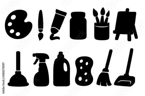 Creative art versus domestic cleaning tools icon collection. Black silhouette vector set with painter palette, brush, easel and broom, sponge, plunger. Household cartoon icons.