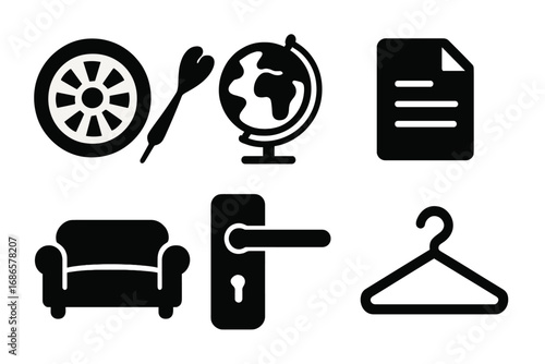 Icon set simple silhouette dartboard target globe world document sofa furniture door handle clothes hanger. Vector collection of business leisure home and travel concepts isolated