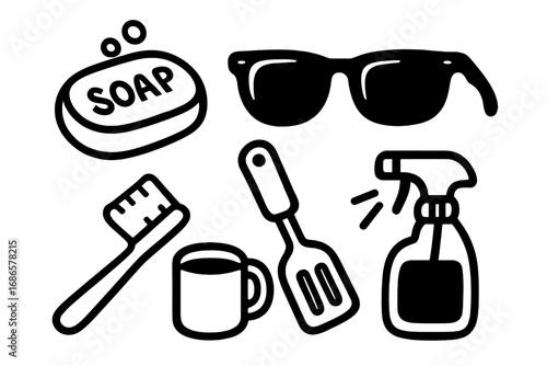 Set of simple black linear icons. Collection of everyday objects. Household items glyphs. Soap, sunglasses, toothbrush, kitchen tools vector cartoon illustration.