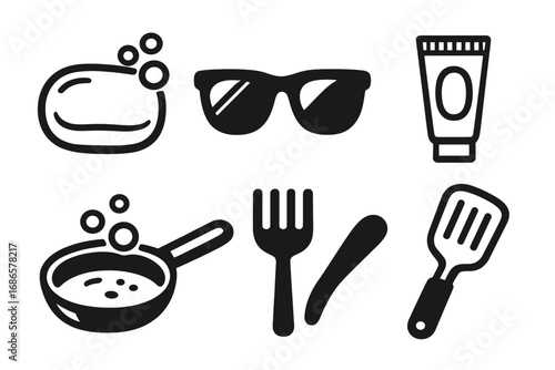 Simple black icons of everyday objects. Vector icon set for household, kitchen, personal care. Soap, sunglasses, cream, pan, cutlery, spatula. Flat cartoon illustration.