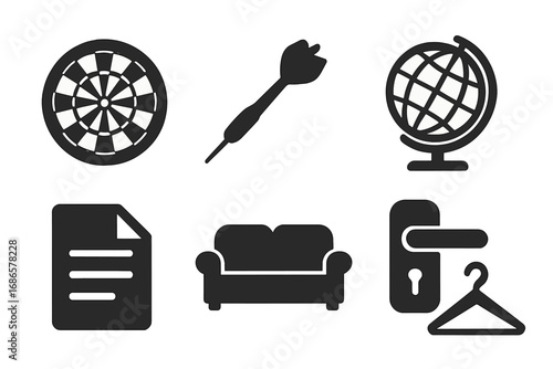 Vector icon set. Simple black silhouettes. Dartboard dart target. Globe world travel. Document file. Sofa couch furniture. Door handle hanger. Home office hotel leisure concept.