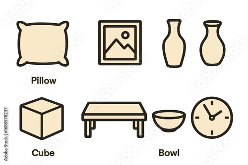 Home essentials icon set. Interior design symbols and household object collection. Minimalist decor elements. Vector pillow, art, vase, table, bowl, clock. Simple graphic.