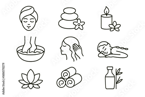 Spa and wellness linear icon set. Relaxation, therapy, and beauty care outline icons. Vector collection for massage, aromatherapy, skincare, and holistic treatment concepts.