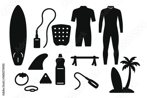 Surfing equipment icons set. Vector silhouette collection of surf gear. Surfboard, wetsuit, fin, leash, wax, traction pad. Summer water sport items. Beach lifestyle symbols.