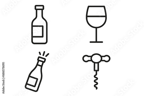 Wine and bar outline icon set with bottle, glass, popping champagne, and corkscrew. Vector line art for winery, restaurant menu, alcohol beverage concepts, and celebration.