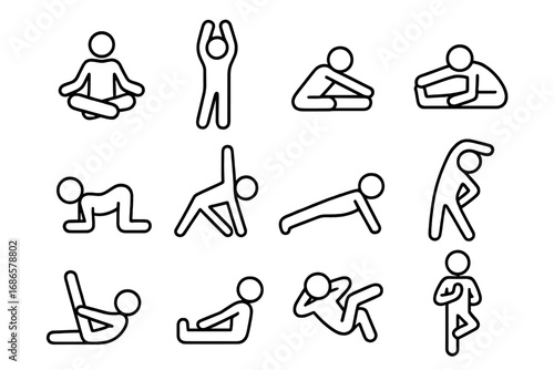 Yoga exercise outline icon set. Stick figure people in asana poses. Linear pictogram for stretching, fitness, workout, wellness and balance. Healthy life vector symbols.