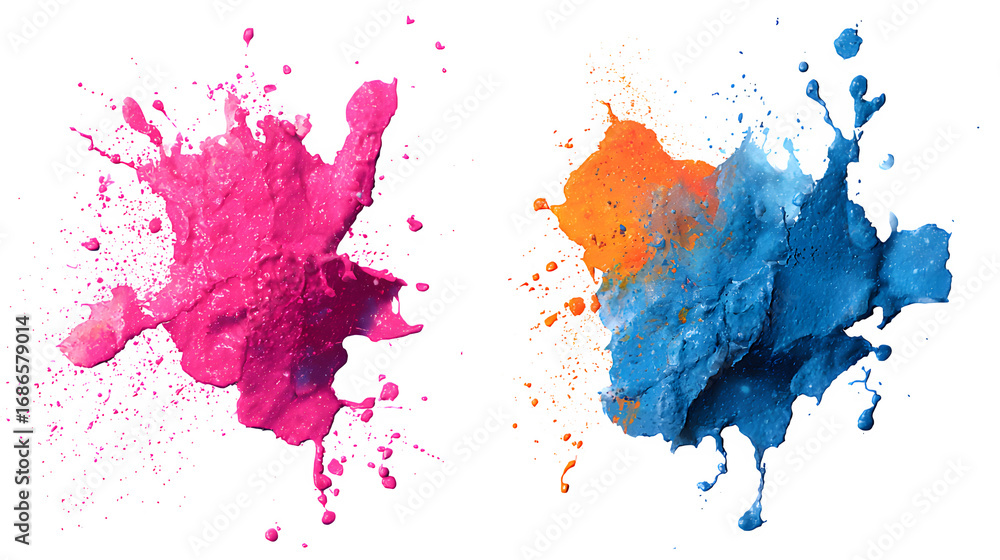 Fototapeta premium HD realistic colorful ink splashes in pink, blue, and orange paint isolated on white png