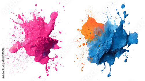 HD realistic colorful ink splashes in pink, blue, and orange paint isolated on white png
