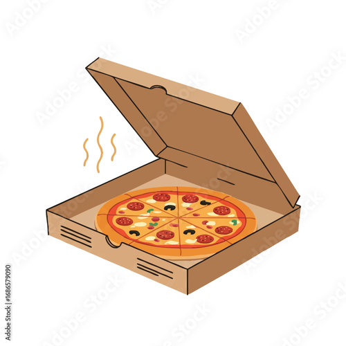 A vibrant 2D flat vector illustration shows an open cardboard pizza box with a steaming hot, whole pizza inside, presented against a clean white background, ready for a delicious meal.