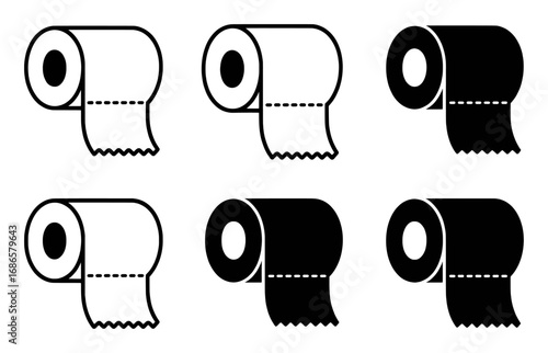 Six Toilet Paper Roll Icons: Black and White Line Art and Solid Fill