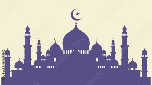 Silhouette of a grand Islamic mosque with multiple domes and minarets, bathed in a soft twilight glow, symbolizing faith and architectural beauty, perfect for cultural and religious themes