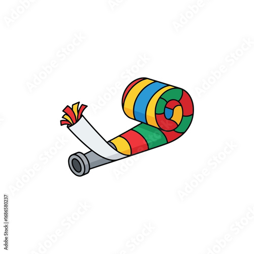 A vibrant, striped party blower with a grey mouthpiece, partially unrolled, ready for celebration and festive noise.