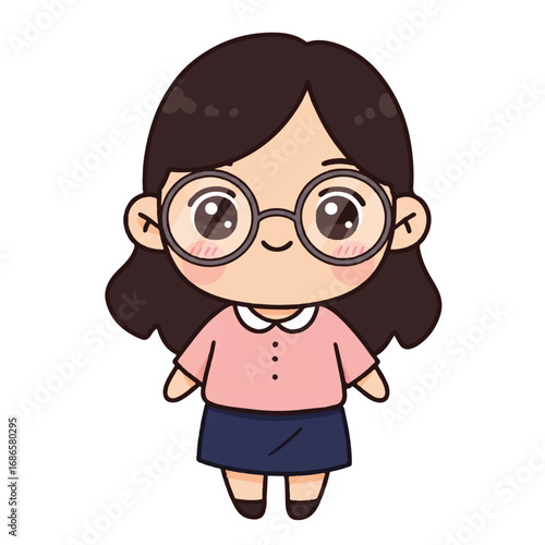 Adorable Cartoon Girl with Big Glasses.