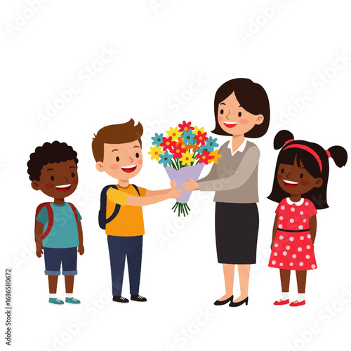Children Presenting Flowers to Teacher.