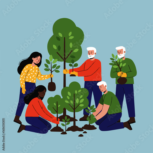 Diverse Group of People Planting Trees Together.