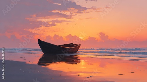 Wooden boat on beach at sunrise