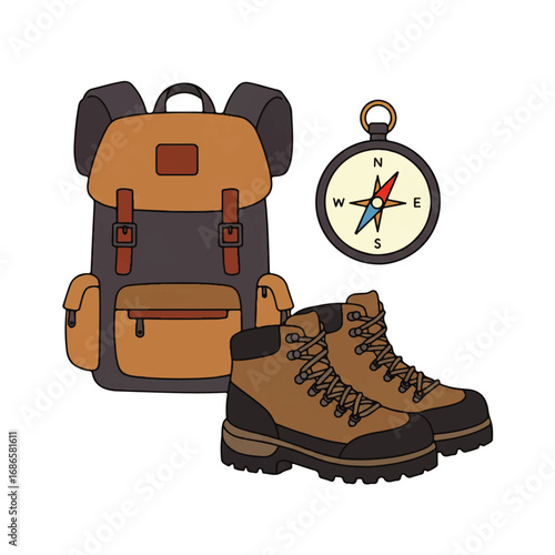 Hiking Backpack Boots and Compass Adventure Gear.
