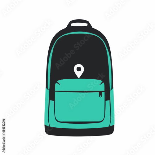 Stylish black and teal backpack with location marker design  