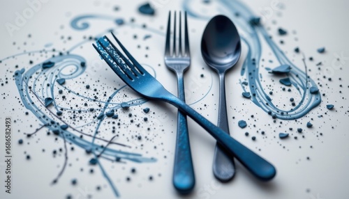 sustainable cutlery set crafted with blue algae pigment, showing soft matte texture, engineered for circular economy, displayed on seamless white backdrop with ultra clarity.