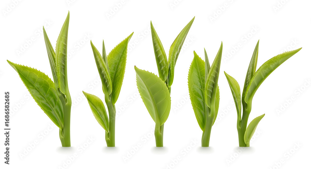 Obraz premium Close-up of fresh green tea leaves, showcasing their vibrant color and delicate texture.