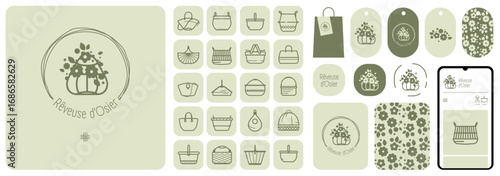 Planche complète avec logo panier tressé, pictos et éléments de charte graphique. Idéal pour boutique bohème, fleuriste ou artisan vannier, ainsi que pour stickers, posts Instagram, cartes de visite 