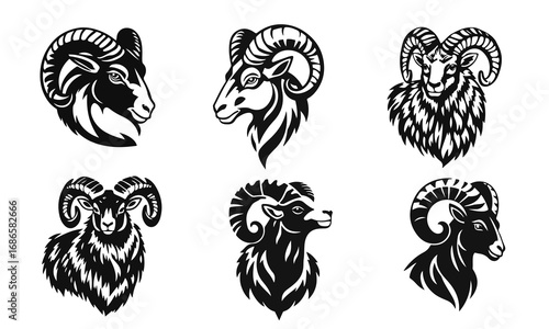 Ram head vector set, wild sheep illustration, strong horned animal logo, mountain ram graphic, bighorn sheep design