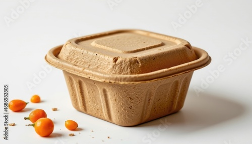 ultra sharp isolated compostable food container constructed using sargassum pulp, detailed with organic layered texture, compact and reusable, isolated on pure white background with no shadow.