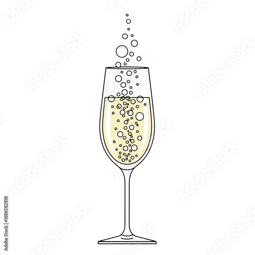 Champagne flute with bubbles, isolated on white background.